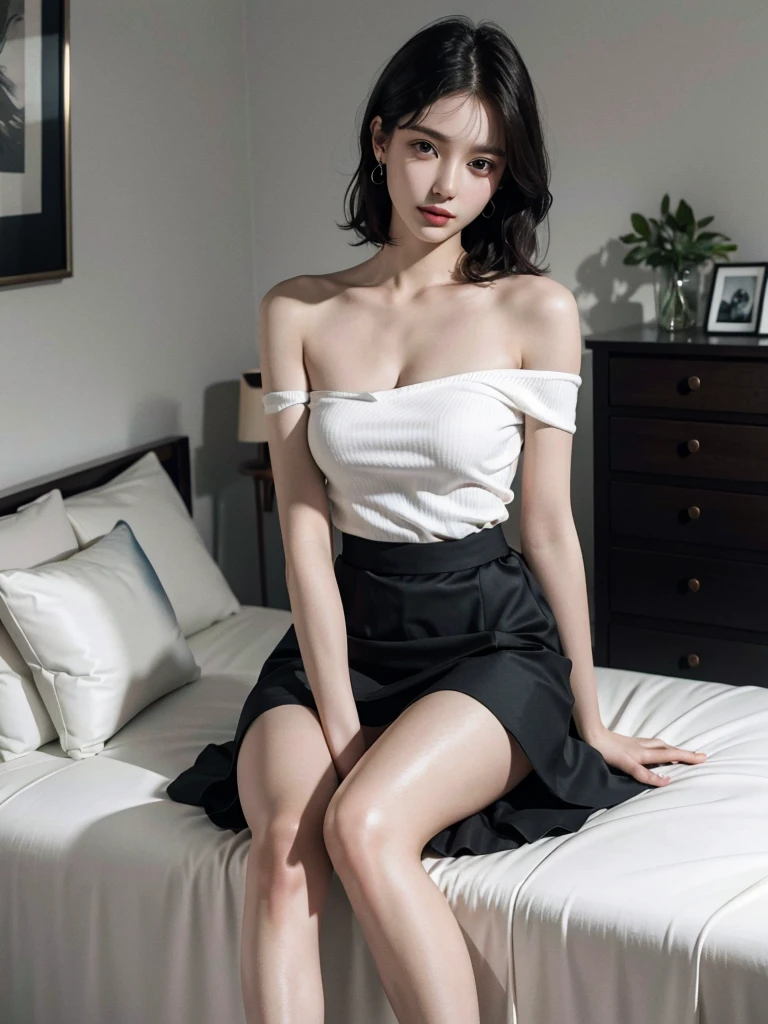 absurdres, RAW photo, extremely delicate and beautiful, masterpiece, Best Quality, ultra high resolution, 32k, hyperrealistic, ultra-detailed, detailed description, pale skin, 20 years old, detailed beautiful face and eyes, tearful mole, earring, (Colossal tits), short medium hair, wavy hair, full body shot, alone, shirt, skirt, bare legs, bare shoulder,