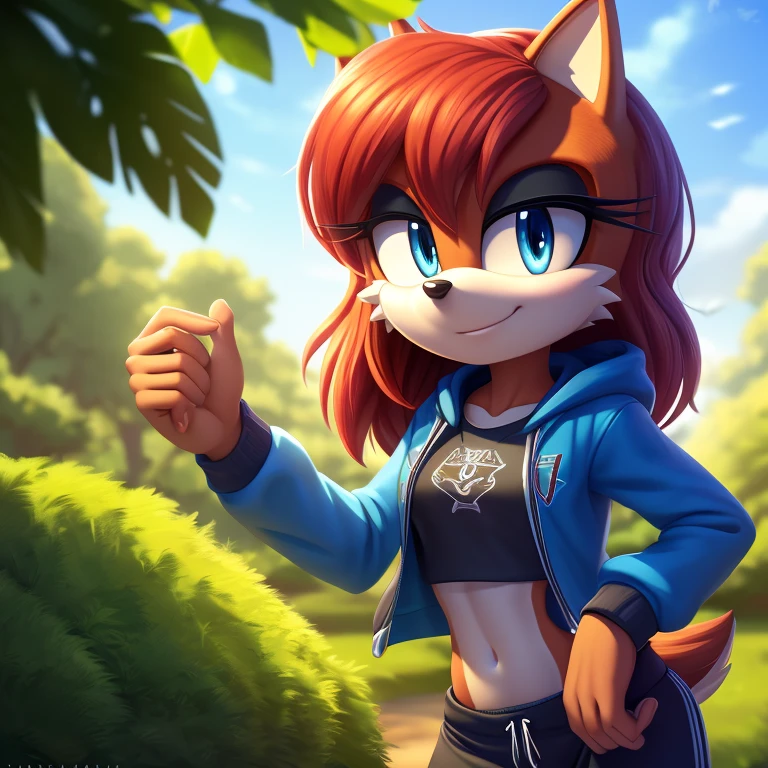 sonic_(series), sally acorn, (((mobian))), ((thin body, skinny figure)), (red hair, wavy bangs, long hair), ((blue eyes, aqua eyelids)), (blue hoodie,black shirt, black trackpant ), beautiful, pretty, cute, masterpiece, 4k, high quality, studio quality, detailed, insanely detailed, extreme detail, refined detail, perfect detail, max detail ,