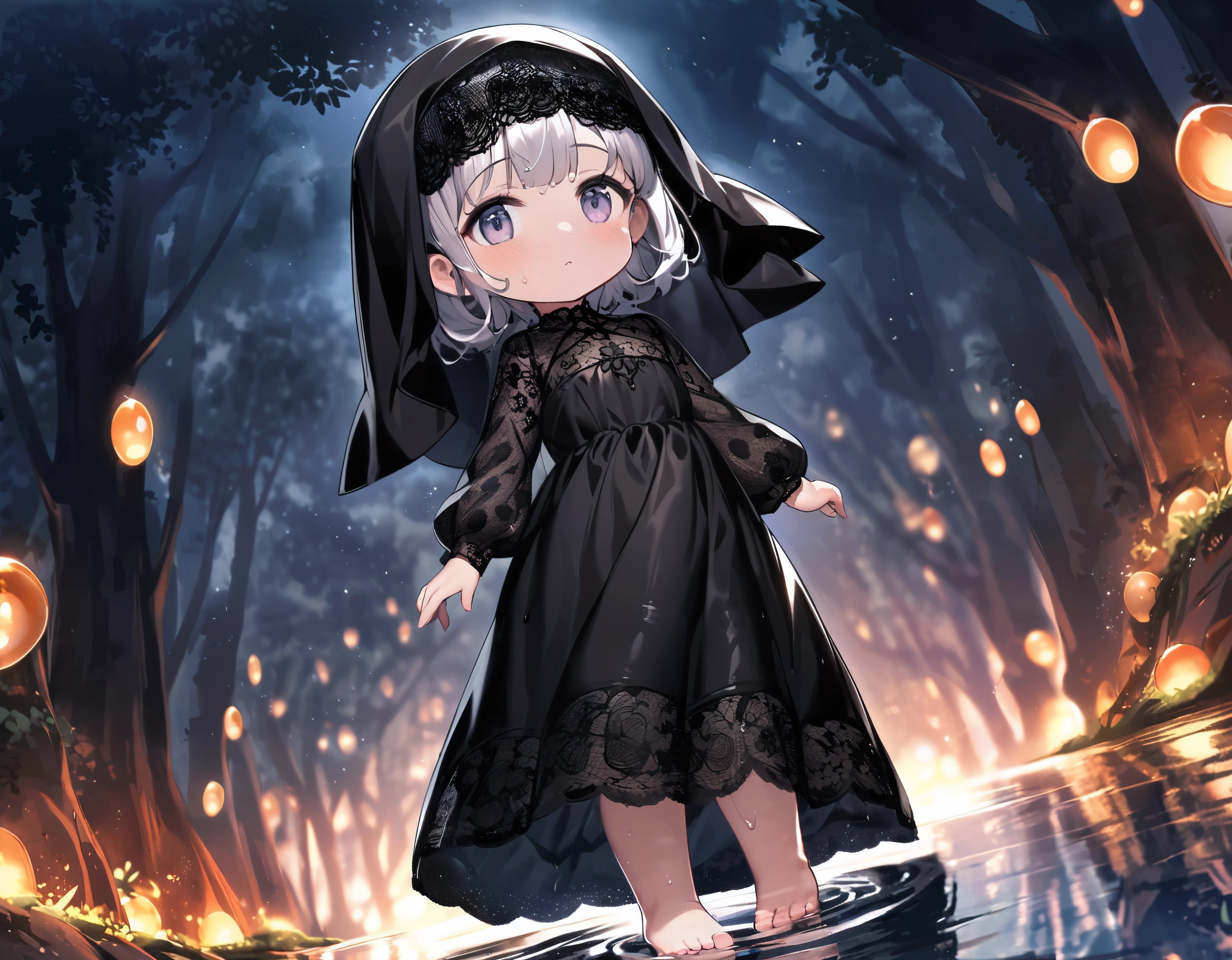 (Dramatic angle,Dynamic angle), ((very young little girl:1.2) was dressed in a (very large black silk dress and lace black veil), with a black veil over her head, she have a beautiful appearance, her slender and beautiful figure), best wrinkle, (mock to viewer), (wet, wet body, wet hair, wet skin, very wet dress, reflection on the wet dress, delicate blossom embroidery, subtle water droplets:1.15), (water spray:1.1), (best dress wrinkle), (Transparent mucus wrapping:1.1),(bare feet), little girl was surrounded and boarded the Seven Treasure Incense Car, slowly driving towards the underworld, The sky became increasingly dim, and the evening breeze blew through the trees, leaving a desolate scene, The sound of festive music in her ears was like a funeral song, and the long road seemed to lead to the underworld