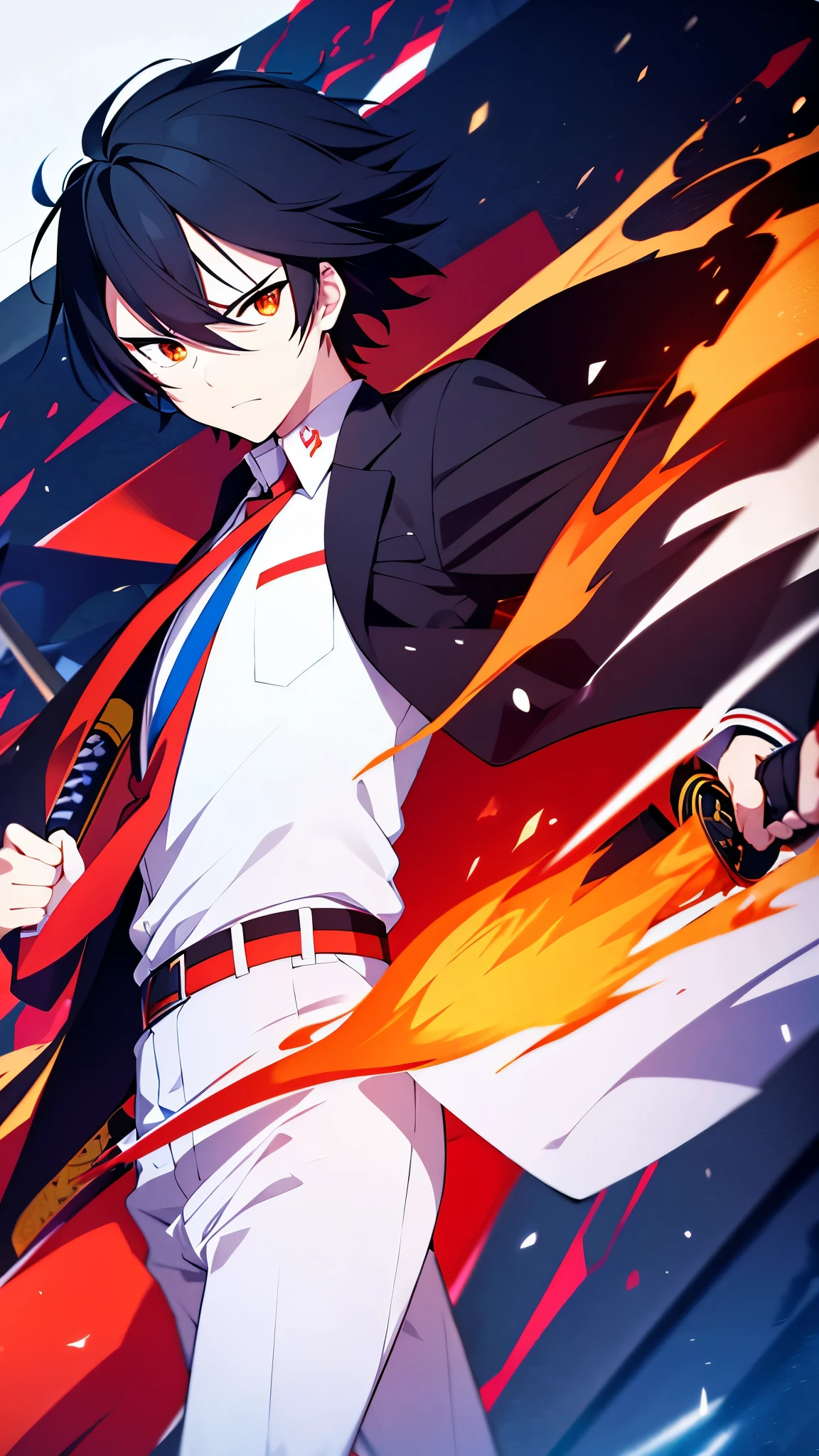 Anime,male,black hair,orange eye,school uniform(red outfit,white pants,blue tie),katana,fire effect,samurai style