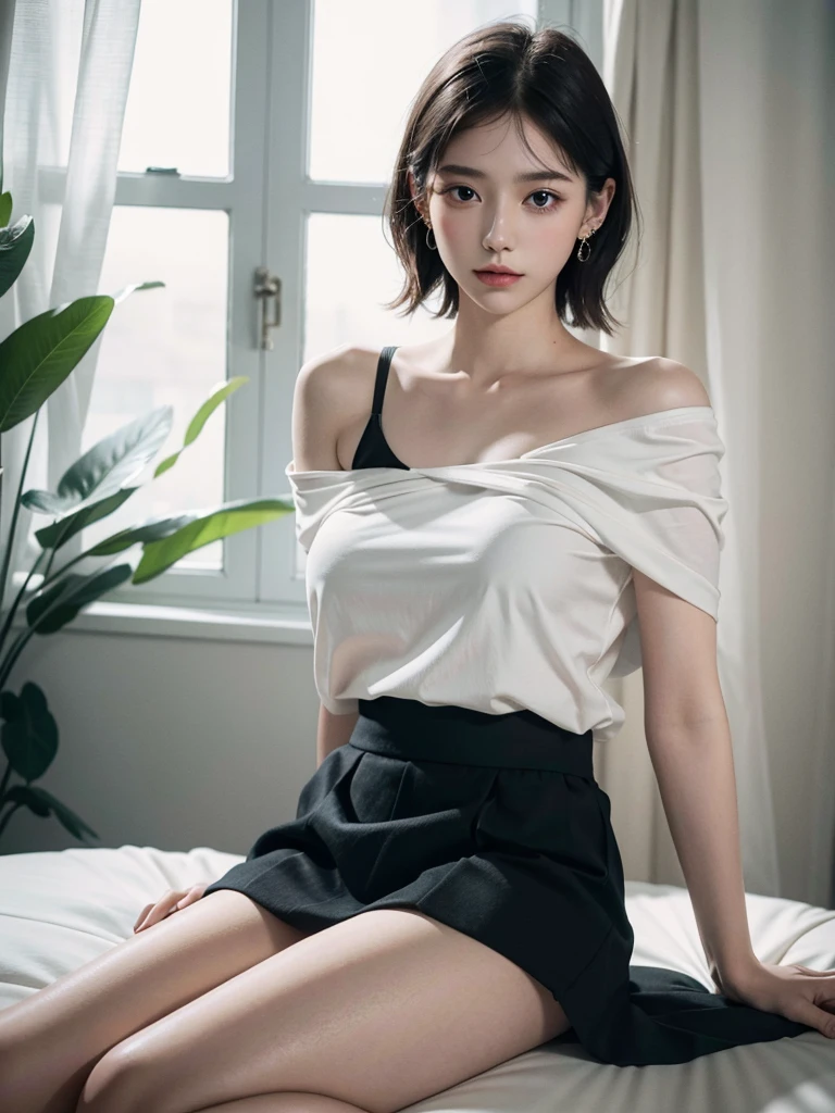 absurdres, RAW photo, extremely delicate and beautiful, masterpiece, Best Quality, ultra high resolution, 32k, hyperrealistic, ultra-detailed, detailed description, pale skin, 20 years old, detailed beautiful face and eyes, tearful mole, earring, (Colossal tits), short medium hair, wavy hair, full body shot, alone, shirt, skirt, bare legs, bare shoulder,