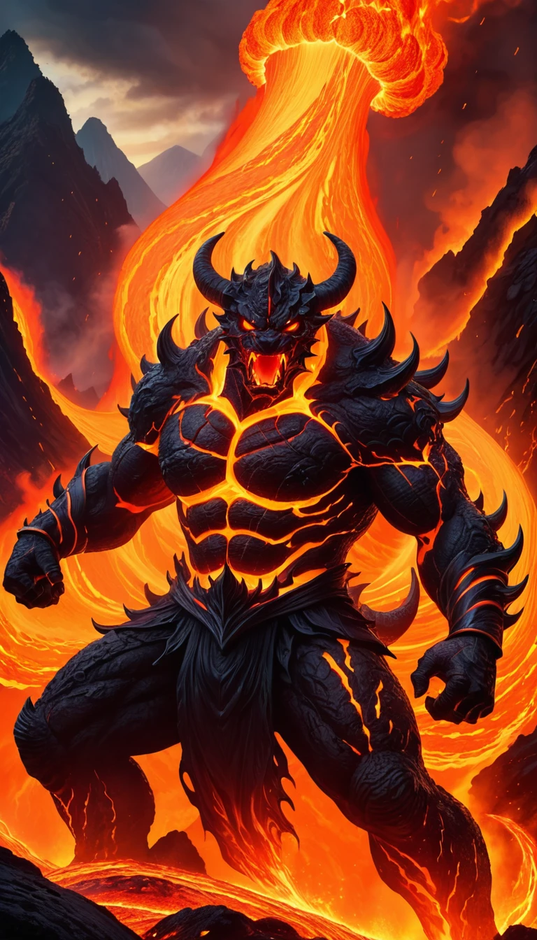 Masterpiece, best quality, (dynamic pose:0.5), Absurdres, Dark fantasy, horror, huge lava demon,  fighting pose, punch lava, (attacking with lava:1.5) lava clothes,lava, magma, lava face, lava behind a demon, (wind:1.4), fire, flowing lava