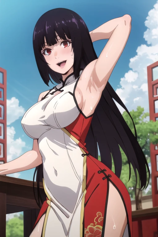 ((best quality)),((highly detailed)),masterpiece,absurdres,detailed face,beautiful face,(detailed eyes, deep eyes),1girl,((dynamic pose)), jabami yumeko, purple hair, long hair, solo, red eyes, open mouth, bow, large breasts, cowboy shot, chinese town, outdoors,desk, seductive smile, looking at viewer, wearing red chinese dress, put your hands behind your head, armpits, armpits visible, sweaty armpits, 