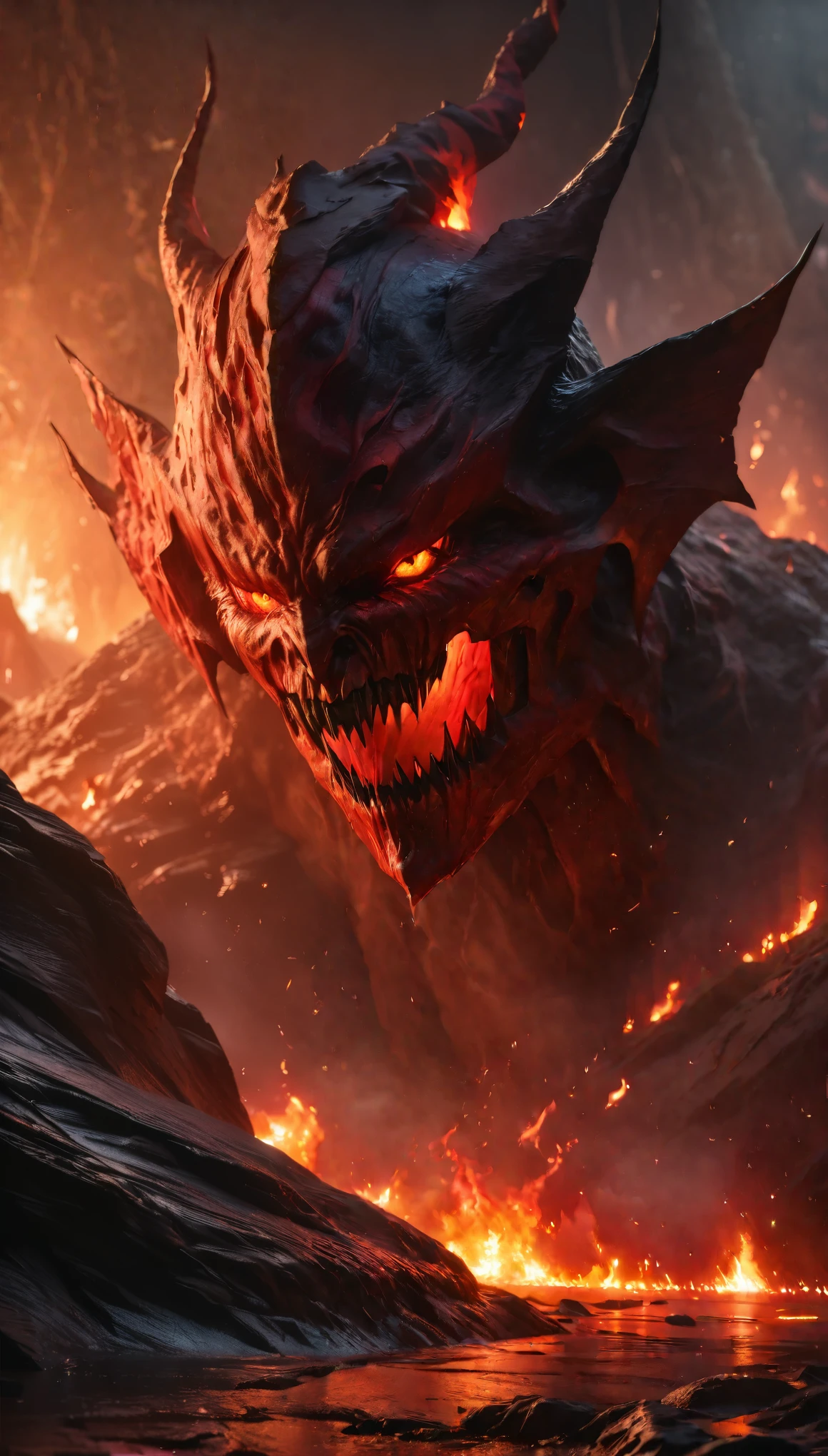 lava demon,demonic figure,lava body,flames swirling,lava river,volcanic background,dark color palette,horror atmosphere,(best quality,4k,8k,highres,masterpiece:1.2),ultra-detailed,(realistic,photorealistic,photo-realistic:1.37),HDR,UHD,studio lighting,ultra-fine painting,sharp focus,physically-based rendering,extreme detail description,professional,vivid colors,bokeh,horror,landscape,fiery reds and dark blacks,sinister lighting.