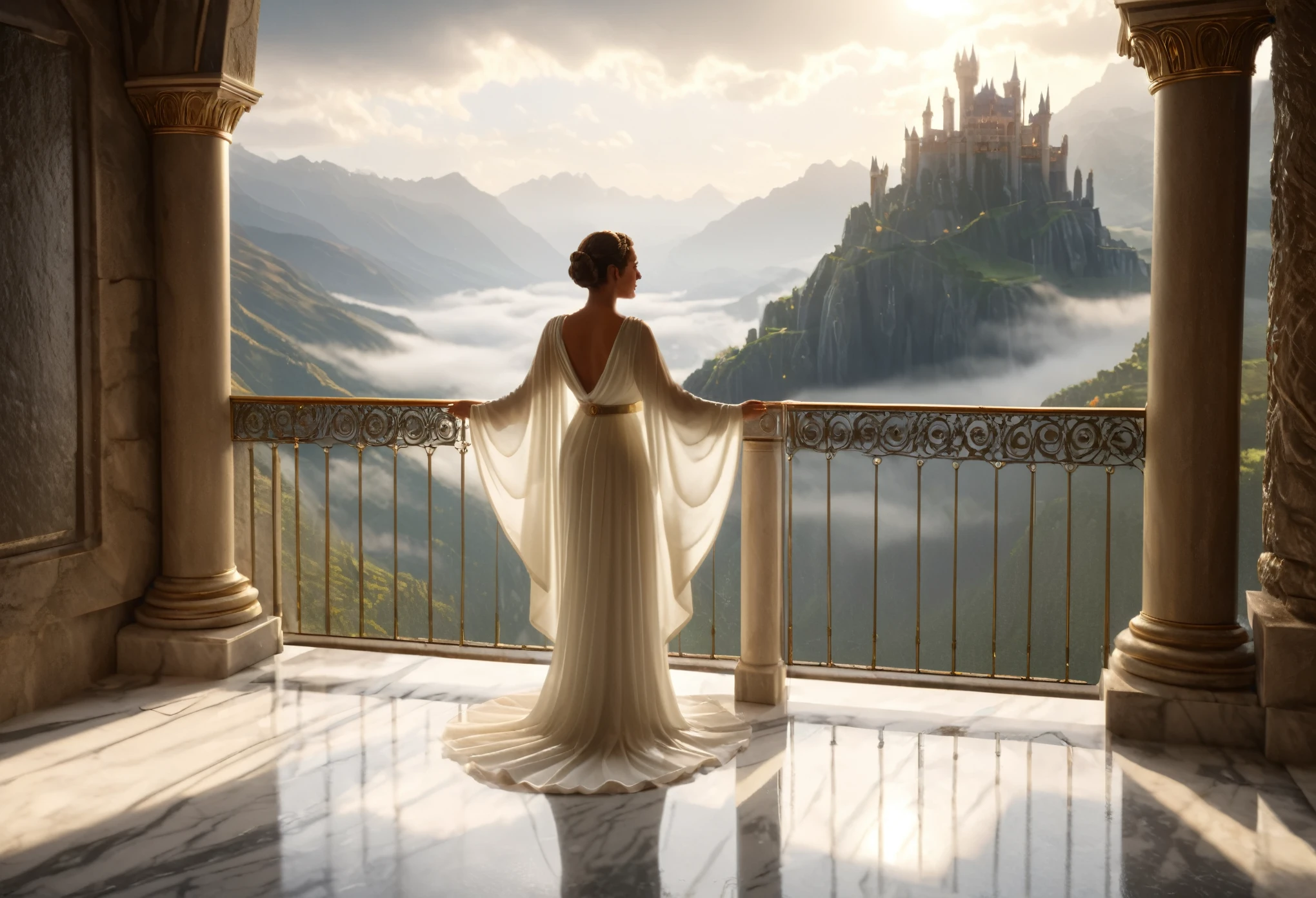 princess leia standing on an ethereal balcony with marble flooring on an ethereal castle structure overlooking the misty mountain background, sun shining through raining clouds, hyper realistic, octane render, unreal engine, 500dpi, 8k,