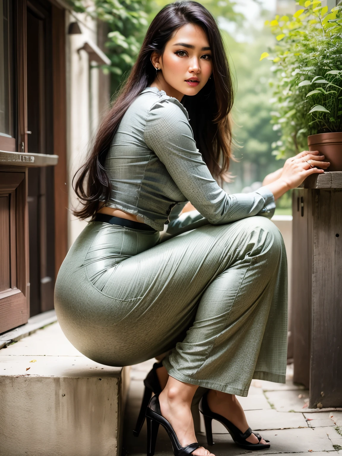 masterpiece, best quality, ultra detailed, 8k, HDR, raw photo, 1 girl, black hair, photo realistic, best face ever in the world, beautiful, detailed exquisite face, soft skin, earrings, necklace, nice body, nice legs, (perfect fingers:1.3), highly detailed, acmm ls outfit, wearing acmm top, olive green acmm top, long sleeves, wearing acmm long skirt, olive green acmm long skirt, printed skirt
