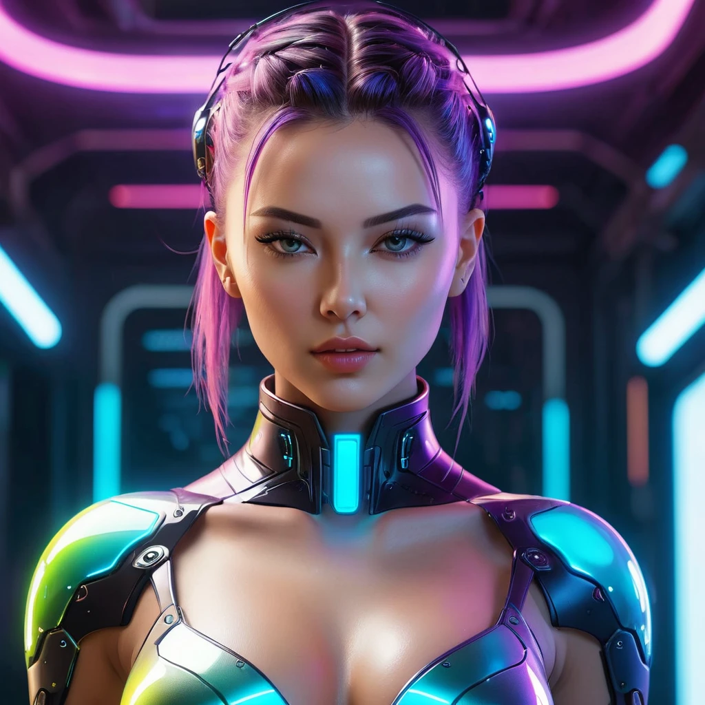 Create a highly detailed, photorealistic 8K image of a sexy female figure with an athletic build, illuminated by beautiful rays of fantastical colors. Her body should be partially covered by a transparent, shimmering neural network or material, revealing her physique beneath. The background should feature otherworldly, alien landscapes and unusual creatures from imaginative worlds. Her body should be adorned with sleek, intricate cybernetic implants that accentuate her figure and physical beauty. Ensure the face is anatomically correct with natural, attractive features. The limbs should have five slender, well-formed fingers or toes on each hand and foot, totaling 20 digits overall. Render the image with exceptional quality, crispness, and realism, adhering to the cyberpunk aesthetic. Pay close attention to proper anatomy, proportions, and natural-looking skin textures and details. The lighting, colors, and special effects should be vivid, cinematic, and evocative of the genre's style.