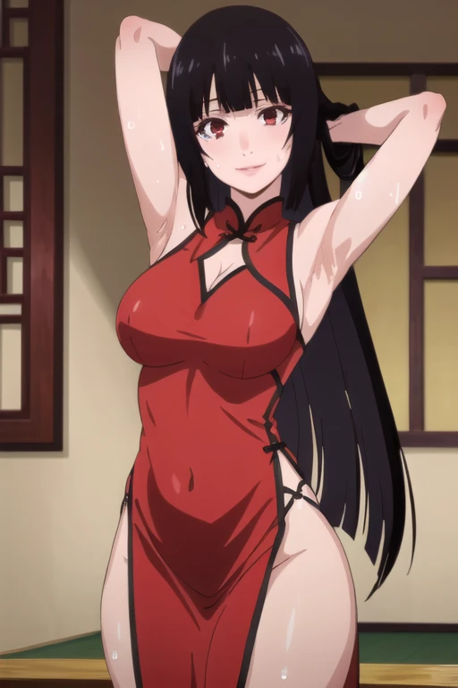 ((best quality)),((highly detailed)),masterpiece,absurdres,detailed face,beautiful face,(detailed eyes, deep eyes),1girl,((dynamic pose)), jabami yumeko, black hair, long hair, solo, red eyes, bow, large breasts, cowboy shot, chinese town, outdoors, seductive smile, looking at viewer, wearing red chinese dress, put your hands behind your head, armpits, armpits visible, sweaty armpits,