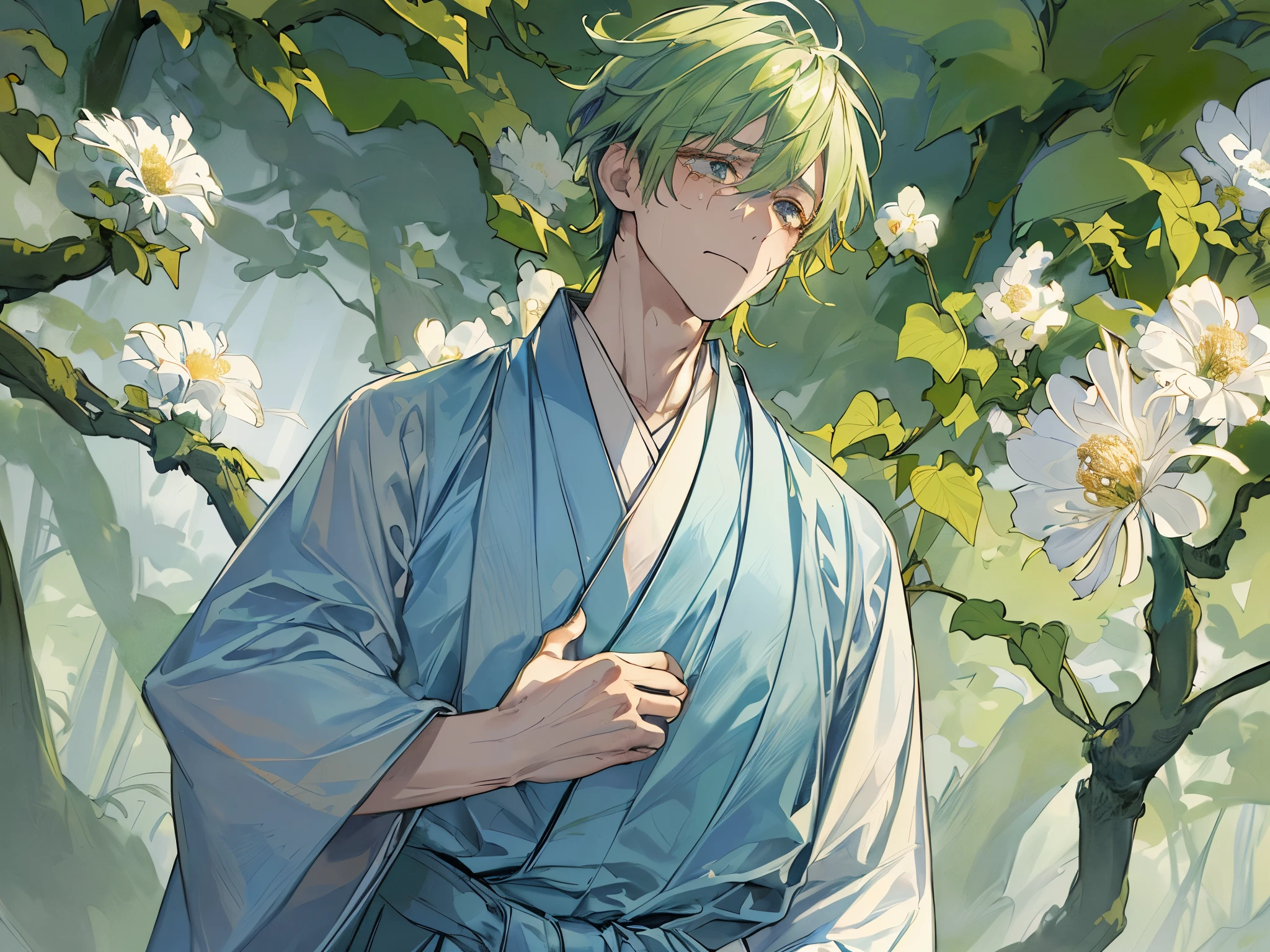 masterpiece,Face Focus,Dynamic Angle,Stop crying,(Wipe away the tears,)Upper Body, ((masterpiece: 1.4, highest quality)), One Man, Yellow-green hair,Flowers in hair,(Japan Priesthood, white and light blue hakama: 1.3),Ivy wrapped around my arm, Background Fantastic forest,