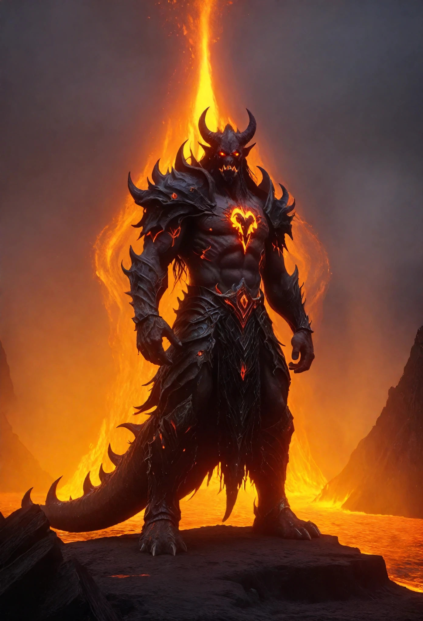 In the World of Warcraft universe, a majestic and terrifying lava demon from Azeroth stands tall, embodying pure elemental fury. Captured through a Nikon camera with a 100mm lens, this non-human creature is portrayed in a full-body portrait, with the camera angle looking up in awe. The composition follows the Golden Section, emphasizing the demon’s colossal and imposing form. The lighting is high contrast with a backlight, casting dramatic shadows that accentuate the demon’s intricate details, resembling the fluidity and texture of flowing lava. The scene is set in a volcanic environment, reflective of the demon’s origins from the molten depths of Azeroth. This lava demon is a manifestation of the raw power and anger of the earth’s molten heart, a true beast of myth and legend in the Warcraft universe.”