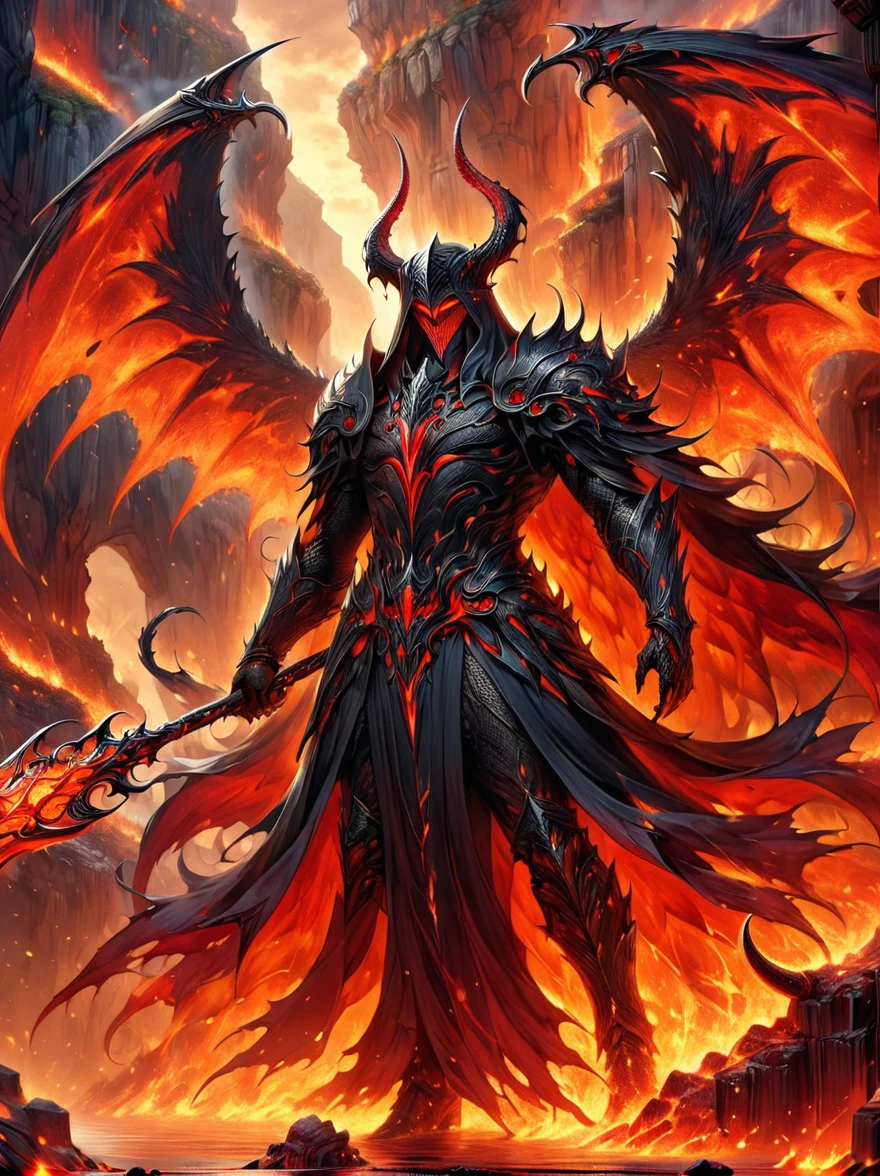 A figure that personifies evil, traditionally referred to as Lucifer, reigning confidently in an infernal landscape. He is surrounded by a host of monstrous creatures that are his legion. Fiery cliffs and molten rivers paint the background, while tormented souls populate the gloomy foreground. The awe-inducing grandeur of this hellish kingdom is something reminiscent of a nightmarish epic.