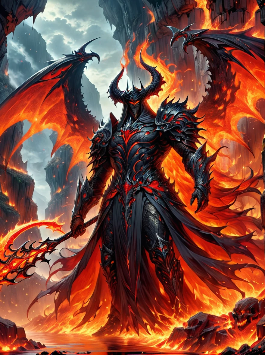 A figure that personifies evil, traditionally referred to as Lucifer, reigning confidently in an infernal landscape. He is surrounded by a host of monstrous creatures that are his legion. Fiery cliffs and molten rivers paint the background, while tormented souls populate the gloomy foreground. The awe-inducing grandeur of this hellish kingdom is something reminiscent of a nightmarish epic.