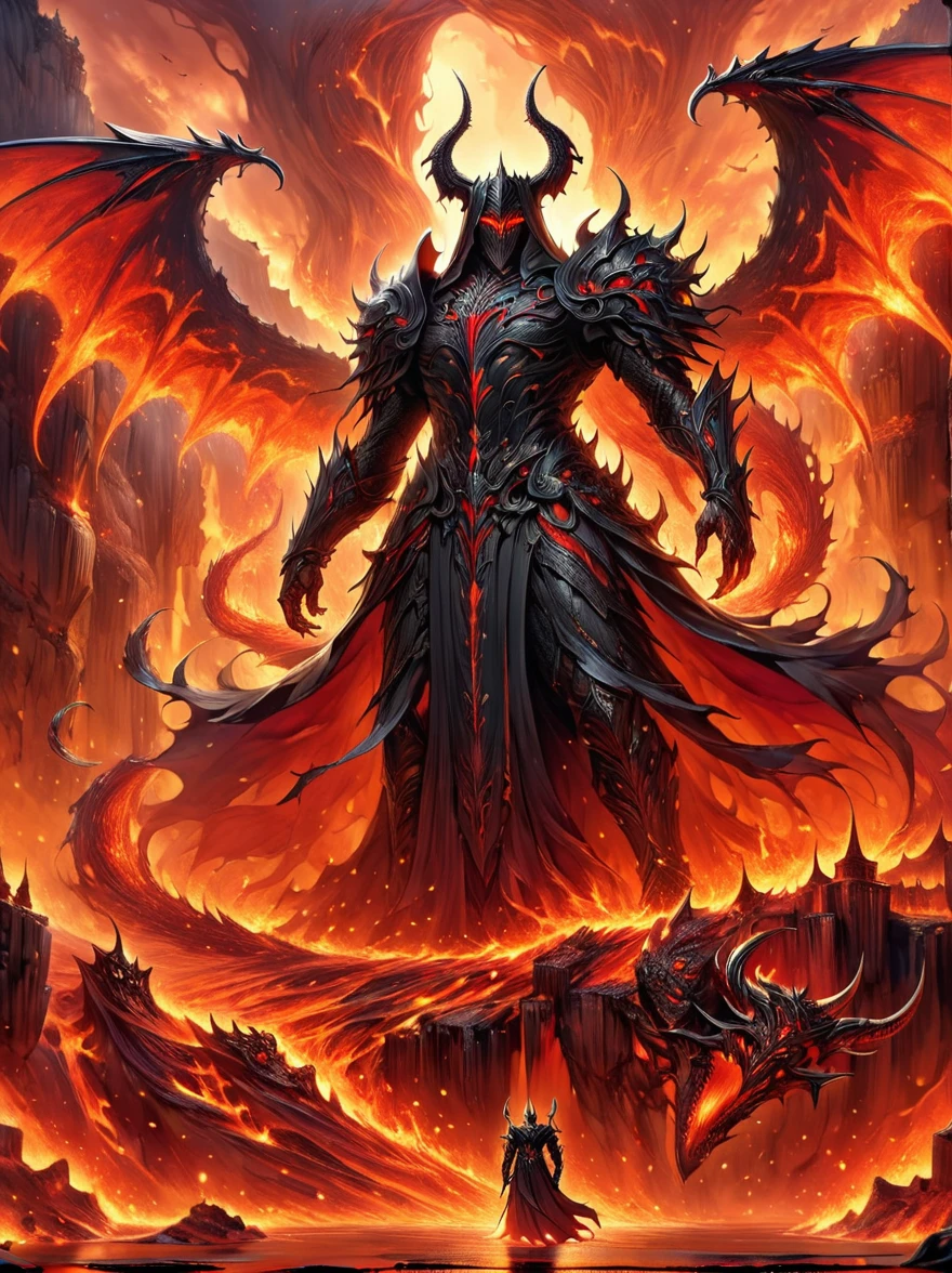 A figure that personifies evil, traditionally referred to as Lucifer, reigning confidently in an infernal landscape. He is surrounded by a host of monstrous creatures that are his legion. Fiery cliffs and molten rivers paint the background, while tormented souls populate the gloomy foreground. The awe-inducing grandeur of this hellish kingdom is something reminiscent of a nightmarish epic.