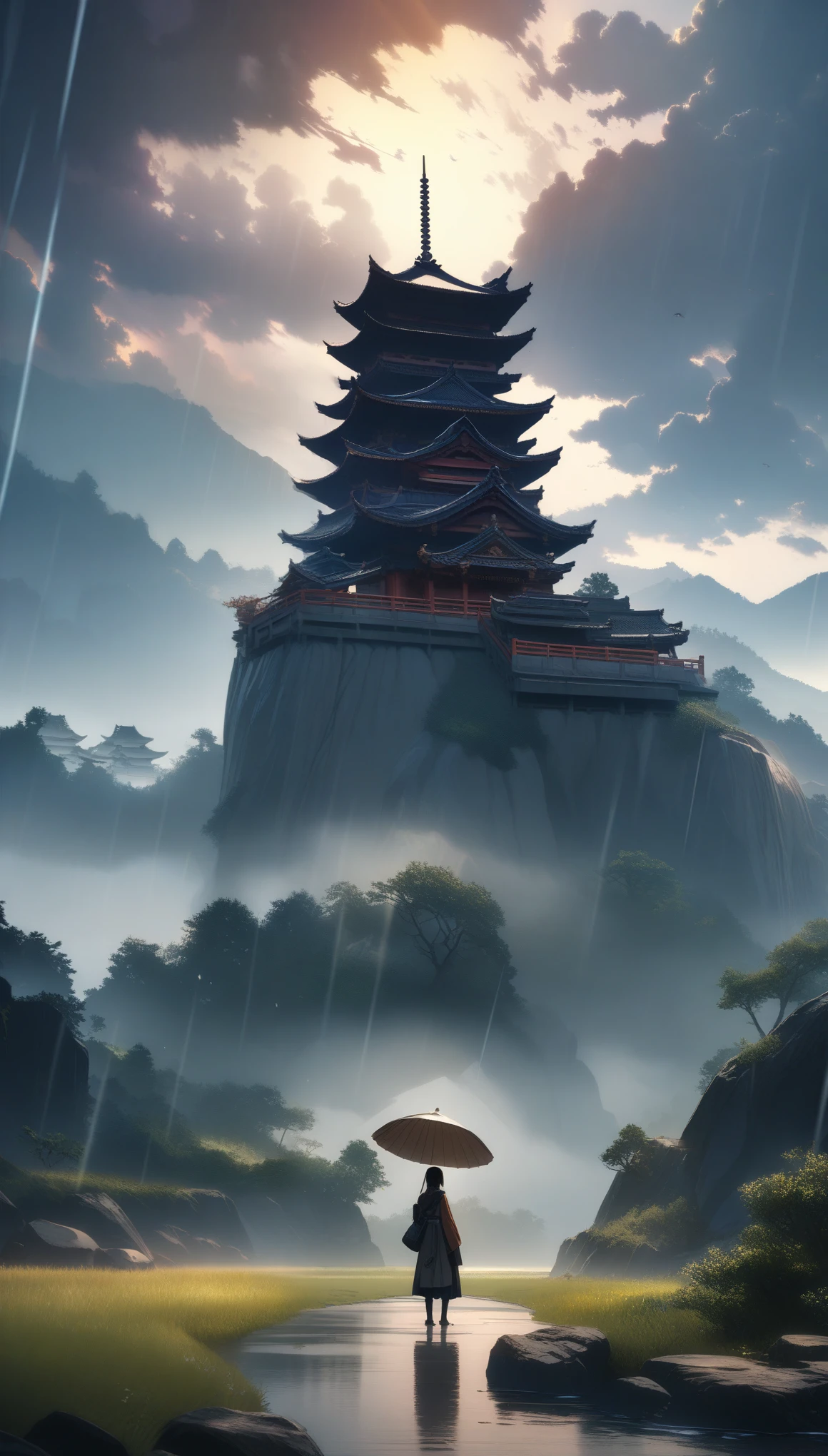 32k, best quality, ultra high res, HDR, UHD, extremely detailed CG, unity 32k wallpaper, SFW, One girl, Focus Only, throw, Very wide shot, landscape, East Asian architecture, sunlight, sunrise, floating, cloud, null, rain, water, whole body, Outdoor, scenery, Depth of written boundary,