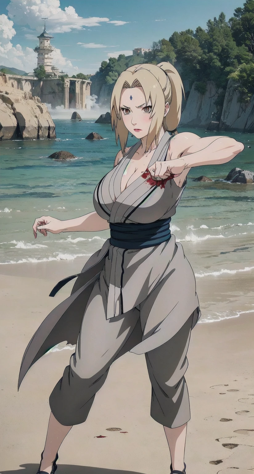 (masterpiece, highest quality:1.2), alone, One Girl, Tsunade Defense, Forehead mark, View your viewers、((Battle Scenes、Fighting Pose、Sweat、Sand smoke、Raw、Rocky area、pants、Sleeveless、Blood、 exposed、Torn clothes、Large areola、ponytail、chest))、Beautiful girl with beautiful details, Professional photography lighting, Highly detailed eyes and face, Beautiful eyes in every detail、Beautiful detailed hair, Beautiful and exquisite cold face、anime