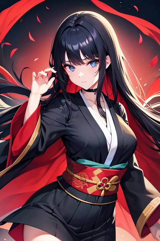 beautiful girl with long black hair, blue eyes, red and blue kimono