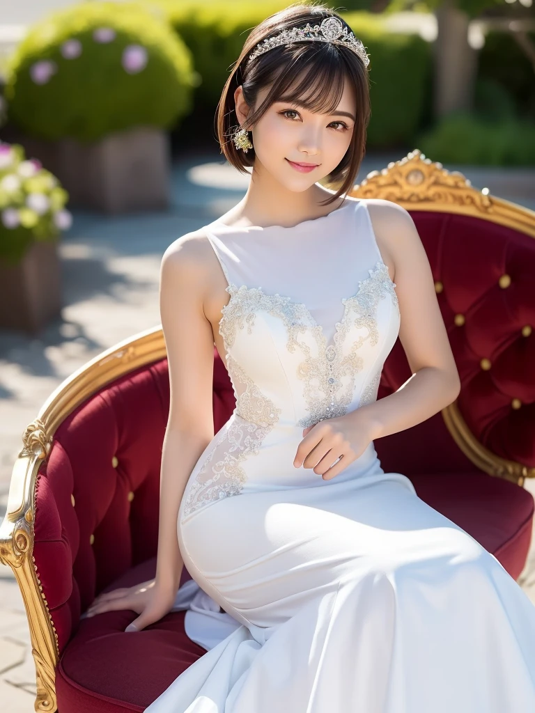 (highest quality:1.5)、(Realistic:1.5)、(1 person:1.5)、(Medium Shot:1.5)、Very detailed、High resolution、8k wallpaper、、Small breasts、Natural color lips、Cute Smile、Japanese women、20-year-old girl、Beautiful and elegant face、Perfect and beautiful face、Large, balanced eyes、Brunette's eyes、Beautiful and elegant face、Beautiful double eyelids、Natural Bangs、Beautiful thin nose、Beautiful Skin、Fair skin、Medium Bob Hair、Natural Bangs、Perfect and beautiful face、Slim face and figure、(Looking at the camera with a sweet smile)、Bright lighting、Professional Lighting、Forward lighting、tiara、(Wearing a mermaid wedding dress)、(Sitting with his feet together on a gorgeous chair like a castle throne)、