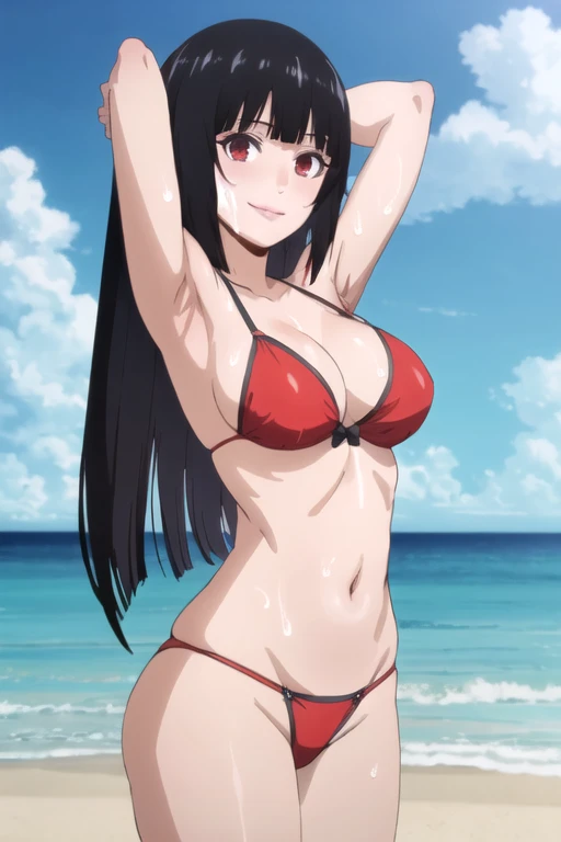 ((best quality)),((highly detailed)),masterpiece,absurdres,detailed face,beautiful face,(detailed eyes, deep eyes),1girl,((dynamic pose)), jabami yumeko, black hair, long hair, solo, red eyes, bow, large breasts, cowboy shot, beach, outdoors, seductive smile, looking at viewer, wearing red bikini, put your hands behind your head, armpits, armpits visible, sweaty armpits,