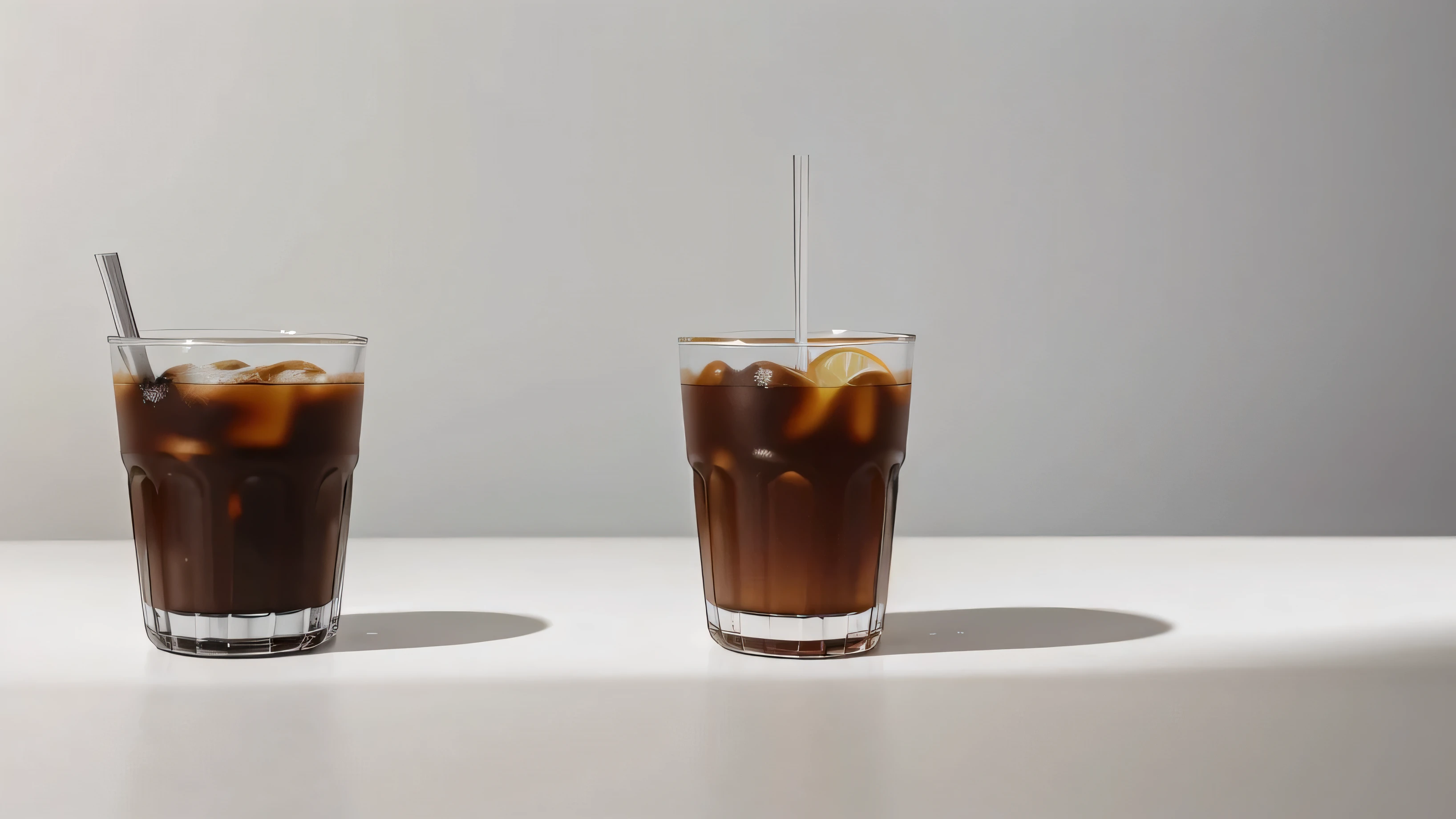 1 cup of iced Americano, HD. photography,Shot at a 45-degree angle,Simple glass,Glass has no texture,There is white space above and below,Products,publicity,Food photography,Simple gray and white solid color background wall,Background without clutter and decoration