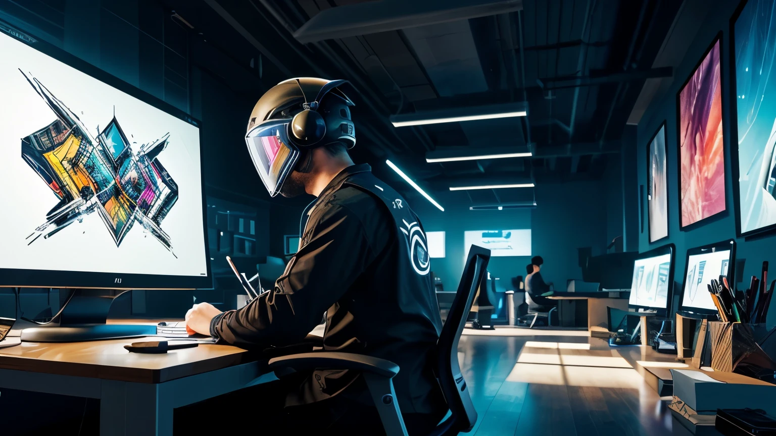 An image of a creator working on both visual and illustrative projects with dynamic movement and lighting effects. The creator's face is covered by a full-face helmet, emphasizing their expressive hands and active engagement in their work. The workspace is filled with a variety of tools, including a digital drawing tablet, styluses, sketchbooks, colorful markers, and cameras for filming. The creator is multitasking, swiftly switching between sketching on the digital tablet and adjusting camera settings. A computer screen displays a digital illustration in progress with vibrant colors and intricate details, while a nearby monitor shows footage being edited with video editing software. Dynamic movement is conveyed through the creator's fast and confident motions across the workspace. Light effects enhance the scene, such as the glow from the computer screens and the play of shadows and highlights on the workspace, creating an energetic and inspiring atmosphere as the creator seamlessly blends different mediums in their work.