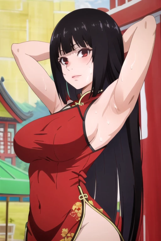 ((best quality)),((highly detailed)),masterpiece,absurdres,detailed face,beautiful face,(detailed eyes, deep eyes),1girl,((dynamic pose)), jabami yumeko, black hair, long hair, solo, red eyes, bow, large breasts, cowboy shot, chinese town, outdoors, laugh, looking at viewer, wearing red chinese dress, put your hands behind your head, armpits, armpits visible, sweaty armpits,