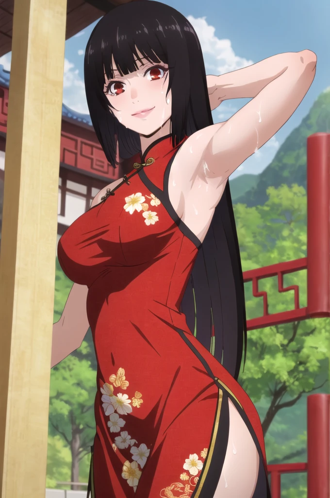 ((best quality)),((highly detailed)),masterpiece,absurdres,detailed face,beautiful face,(detailed eyes, deep eyes),1girl,((dynamic pose)), jabami yumeko, black hair, long hair, solo, red eyes, bow, large breasts, cowboy shot, chinese town, outdoors, seductive smile, looking at viewer, wearing red chinese dress, put your hands behind your head, armpits, armpits visible, sweaty armpits,
