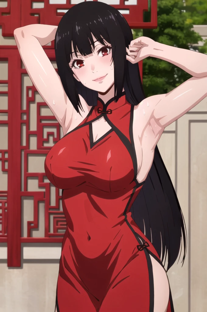 ((best quality)),((highly detailed)),masterpiece,absurdres,detailed face,beautiful face,(detailed eyes, deep eyes),1girl,((dynamic pose)), jabami yumeko, black hair, long hair, solo, red eyes, bow, large breasts, cowboy shot, chinese town, outdoors, seductive smile, looking at viewer, wearing red chinese dress, put your hands behind your head, armpits, armpits visible, sweaty armpits, 