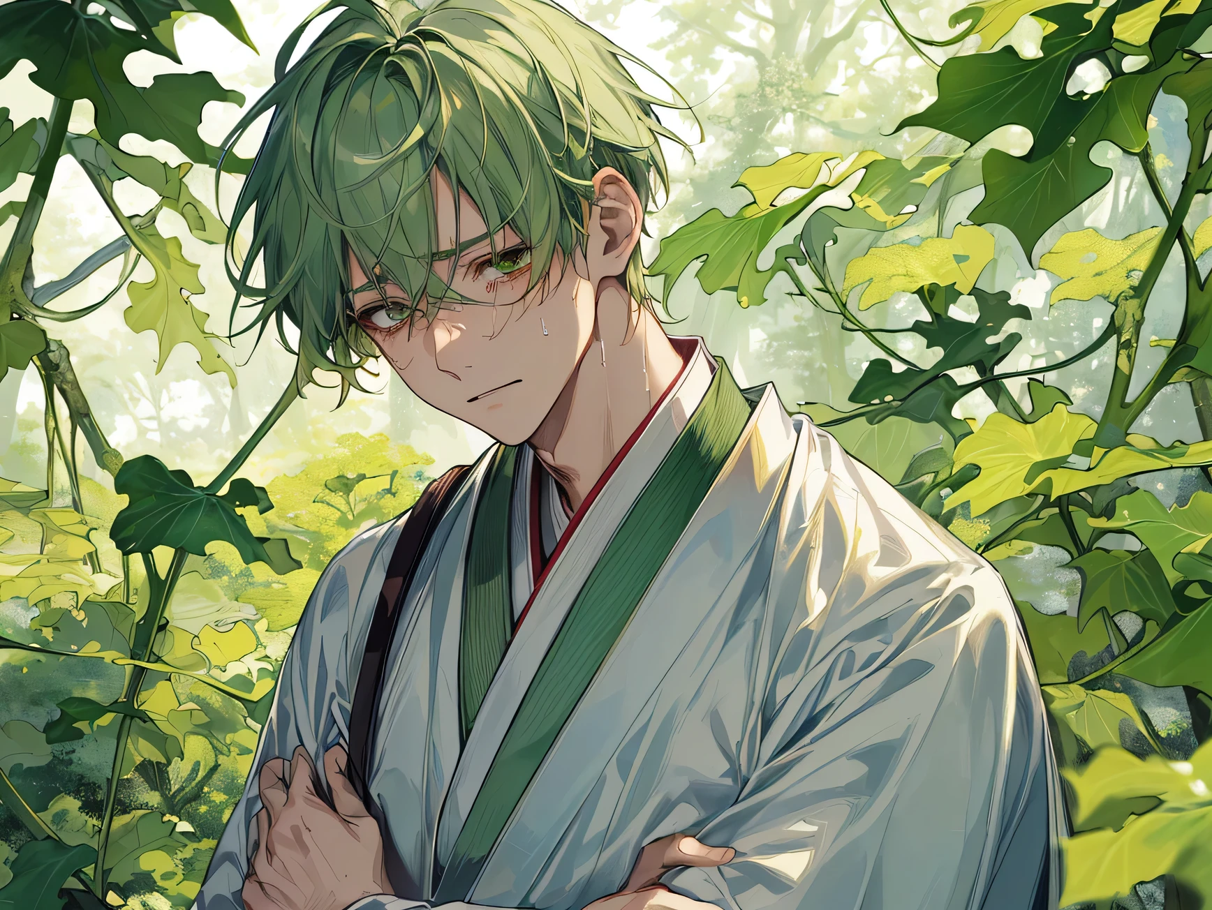 masterpiece,Face Focus,Face close-up,Dynamic Angle,Stop crying,(Wipe away the tears,)Upper Body, ((masterpiece: 1.4, highest quality)), One Man, Yellow-green hair,Japan Priesthood, white and light blue hakama: 1.3),Ivy wrapped around my arm, Background Fantastic forest,　