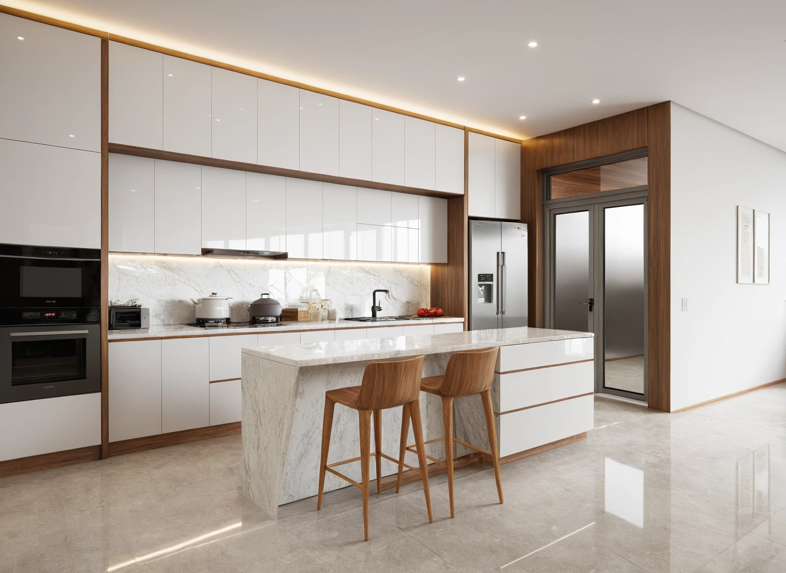 kitchen room, interior design, modern style, (walnut furniture style), (white wall:1.2), ((white panel arcylic:1.1) design)), (architectural visualization style:1.2), (reflection), (focus on object), (material normal bump real reflection), (scattered light) ((((volumetric light))), (spotlight), (hidden light)  (multi-beam light), (sunbeam) (multi-level reflection), (grossy mable floor), led light, 4000 KEVIN, spotlight, (mid day sky background), hidden light, (corona software visualization render:1.2)