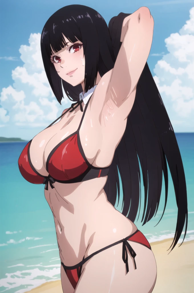 ((best quality)),((highly detailed)),masterpiece,absurdres,detailed face,beautiful face,(detailed eyes, deep eyes),1girl,((dynamic pose)), jabami yumeko, black hair, long hair, solo, red eyes, bow, large breasts, cowboy shot, beach, outdoors, seductive smile, looking at viewer, wearing red bikini, put your hands behind your head, armpits, armpits visible, sweaty armpits,