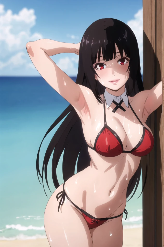 ((best quality)),((highly detailed)),masterpiece,absurdres,detailed face,beautiful face,(detailed eyes, deep eyes),1girl,((dynamic pose)), jabami yumeko, black hair, long hair, solo, red eyes, bow, large , cowboy shot, beach, outdoors, seductive smile, looking at viewer, wearing red bikini, put your hands behind your head, armpits, armpits visible, sweaty armpits, 