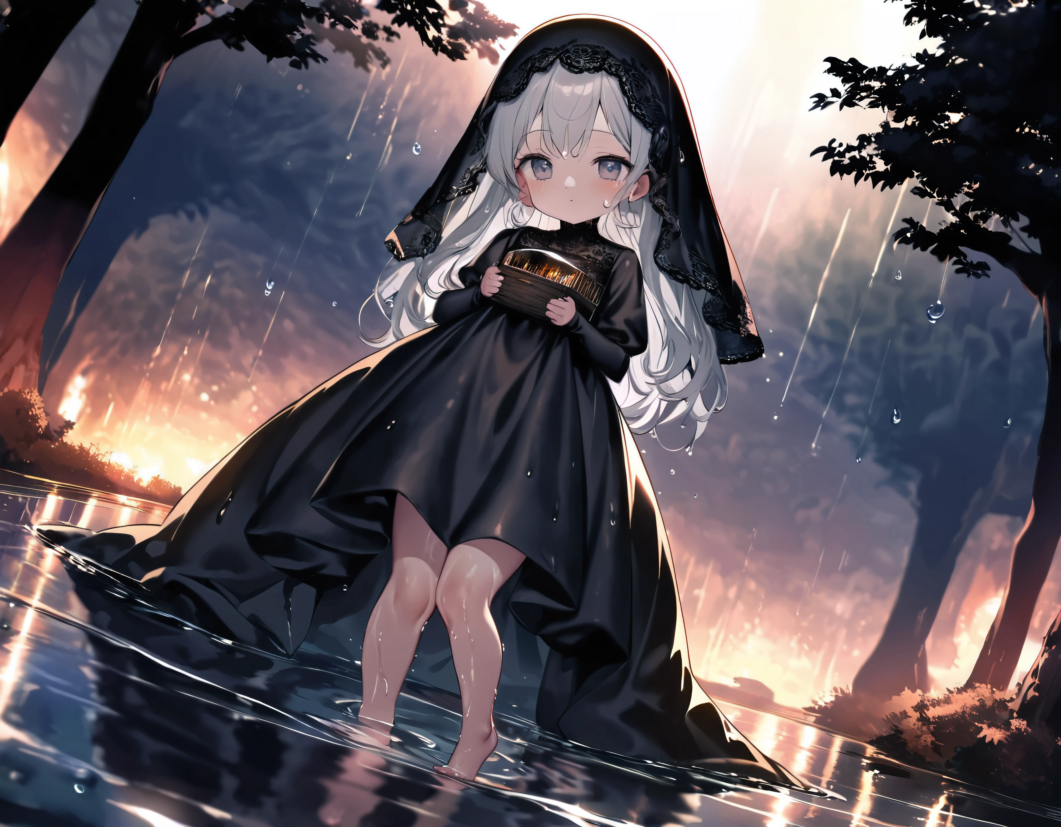 (Dramatic angle,Dynamic angle), ((very young :1.2) was dressed in a (very large black silk dress and lace black veil), with a black veil over her head, she have a beautiful appearance, her slender and beautiful figure), best wrinkle, (mock to viewer), (wet, wet body, wet hair, wet skin, very wet dress, reflection on the wet dress, delicate blossom embroidery, subtle water droplets:1.15), (water spray:1.1), (best dress wrinkle), (Transparent mucus wrapping:1.1),(bare feet), little girlnded and boarded the Seven Treasure Incense Car, slowly driving towards the underworld, The sky became increasingly dim, and the evening breeze blew through the trees, leaving a desolate scene, The sound of festive music in her ears was like a funeral song, and the long road seemed to lead to the underworld