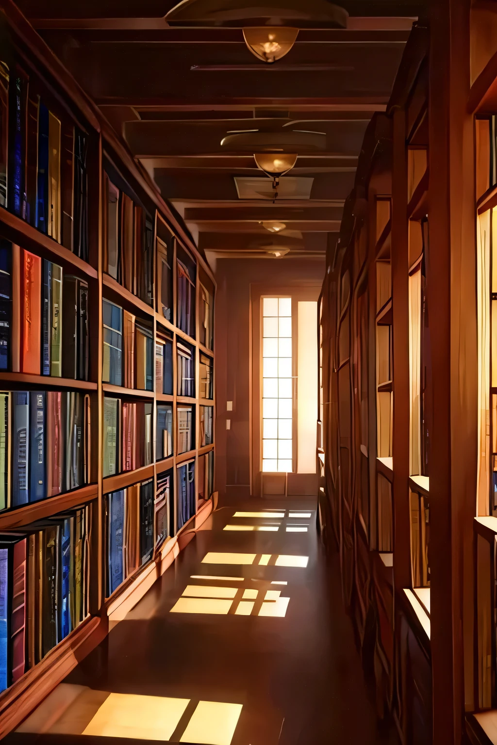 "Inside the dimly lit library, shelves filled with dusty books stretch into the distance, casting long shadows on the walls."