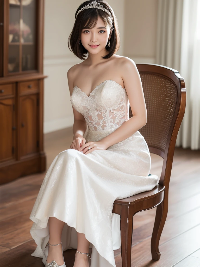 (highest quality:1.5)、(Realistic:1.5)、(1 person:1.5)、(Medium Shot:1.5)、Very detailed、High resolution、8k wallpaper、、Small breasts、Natural color lips、Cute Smile、Japanese women、20-year-old girl、Beautiful and elegant face、Perfect and beautiful face、Large, balanced eyes、Brunette's eyes、Beautiful and elegant face、Beautiful double eyelids、Natural Bangs、Beautiful thin nose、Beautiful Skin、Fair skin、Medium Bob Hair、Natural Bangs、Perfect and beautiful face、Slim face and figure、(Looking at the camera with a sweet smile)、Bright lighting、Professional Lighting、Forward lighting、Wedding dress、tiara、(マーメイドラインのWedding dressを着て)、(Sitting with his feet together on a gorgeous chair like a castle throne)、