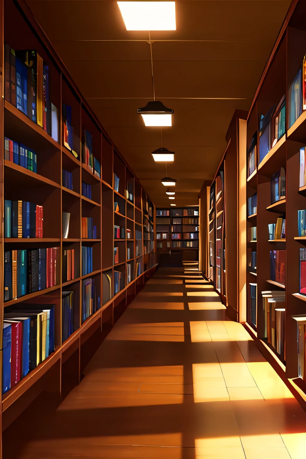 "Inside the dimly lit library, shelves filled with dusty books stretch into the distance, casting long shadows on the walls."