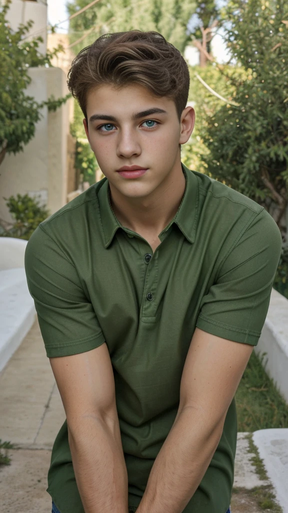 A 22 year old Handsome hot gay boy wearing British outfit with green eyes, curly hairs, White colour skin, clean shave and sitting on the banch in