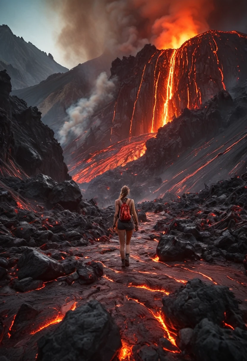 In the heart of a volcanic landscape, a women finds themselves amidst a scene of impending chaos. Molten lava cascades down the mountainside, casting an ominous red glow across the rocky terrain. With smoke and ash billowing into the sky, the adventurer races against time, navigating treacherous paths strewn with debris as fiery explosions erupt around them, painting the scene with bursts of intense heat and light. 
many details, extreme detailed, full of details,
Wide range of colors.
Many details everywhere.  soft shadows. Low saturation colors. Insane quality. Insane resolution. Insane details. Masterpiece. 32k resolution.
Dramatic,Dynamic,Cinematic,Sharp details
 