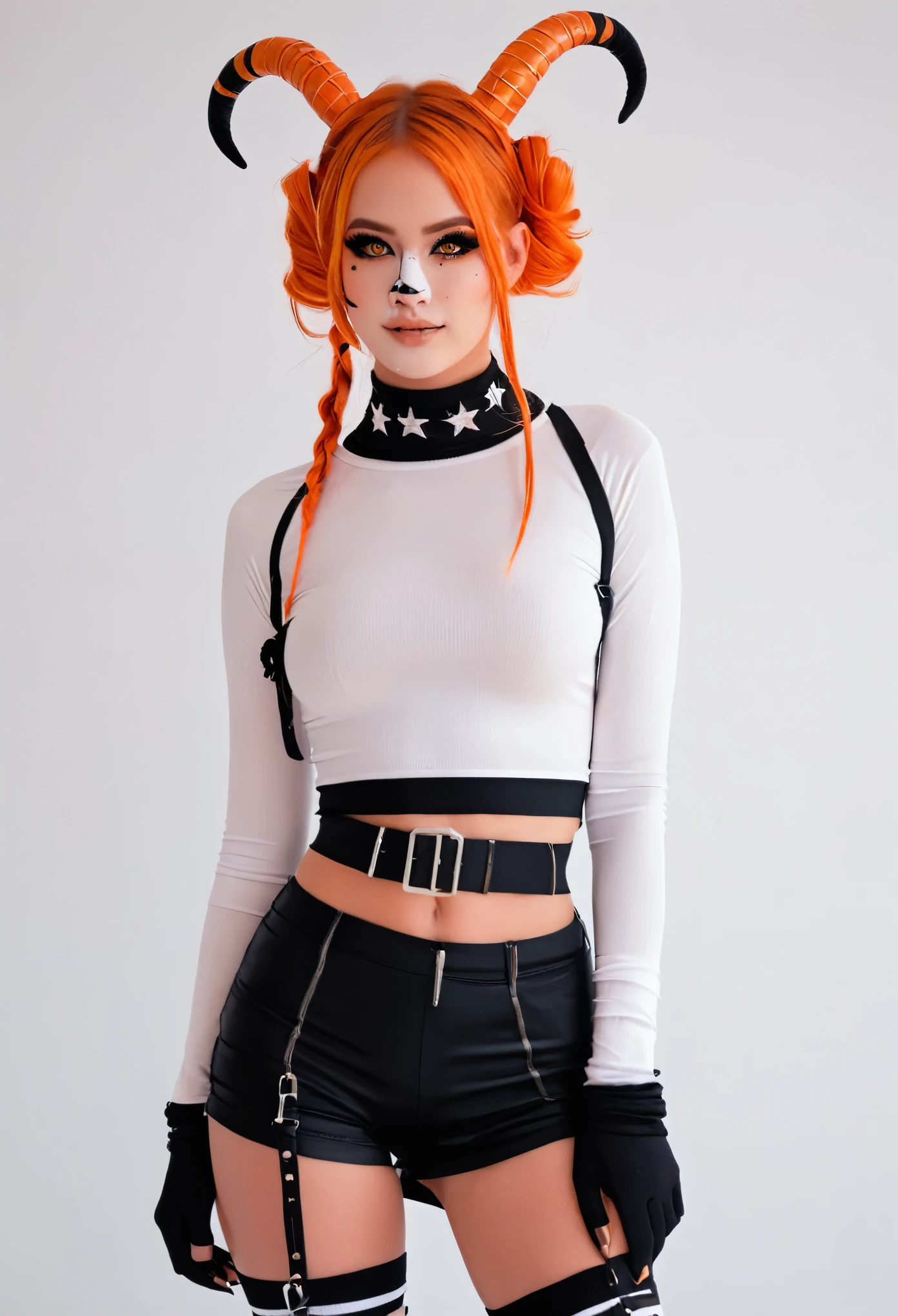 cute girl with  orange black and white color scheme, two buns on the side of her head with loose end hanging off cutely, with orange and white horns, bandage on nose cutely, skin like tan skin? slightly orange and pink hair, Crop top with sleeves and black and white long sleeve under it? Cloud Choker, black gloves on, cute dragon tail, horns on top of head, Skirt, Black shoes with black and orange leg warmers,  orange eyes with star pupils. 