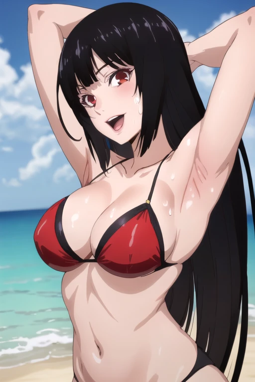 ((best quality)),((highly detailed)),masterpiece,absurdres,detailed face,beautiful face,(detailed eyes, deep eyes),1girl,((dynamic pose)), jabami yumeko, black hair, long hair, solo, red eyes, bow, large breasts, cowboy shot, beach, outdoors, seductive smile, open mouth,looking at viewer, wearing red bikini, put your hands behind your head, armpits, armpits visible, sweaty armpits,