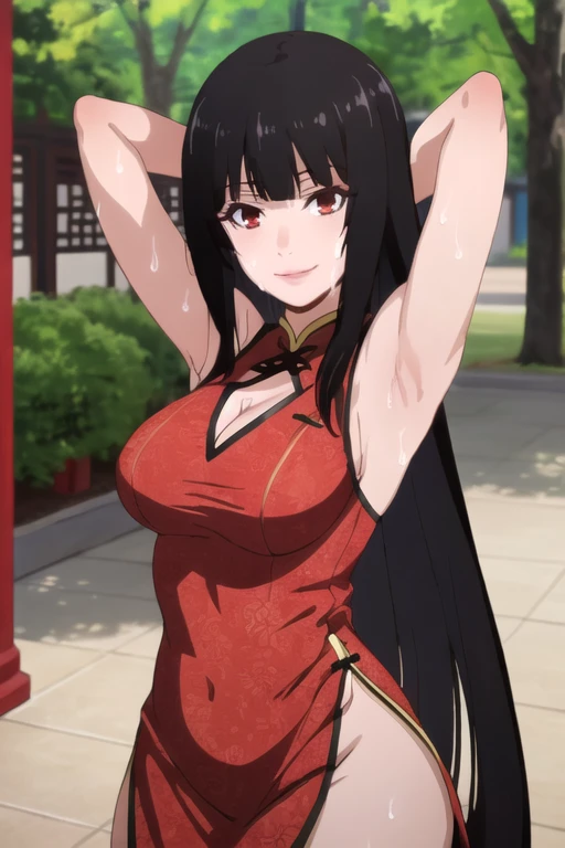 ((best quality)),((highly detailed)),masterpiece,absurdres,detailed face,beautiful face,(detailed eyes, deep eyes),1girl,((dynamic pose)), jabami yumeko, black hair, long hair, solo, red eyes, bow, large breasts, cowboy shot, chinese town, outdoors, seductive smile, looking at viewer, wearing red chinese dress, put your hands behind your head, armpits, armpits visible, sweaty armpits, 