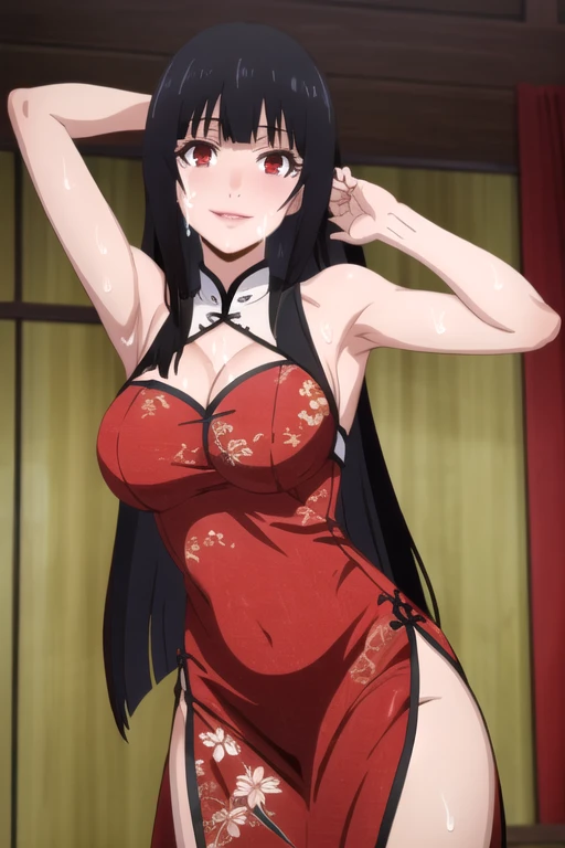 ((best quality)),((highly detailed)),masterpiece,absurdres,detailed face,beautiful face,(detailed eyes, deep eyes),1girl,((dynamic pose)), jabami yumeko, black hair, long hair, solo, red eyes, bow, large breasts, cowboy shot, chinese town, outdoors, seductive smile, looking at viewer, wearing red chinese dress, put your hands behind your head, armpits, armpits visible, sweaty armpits, 