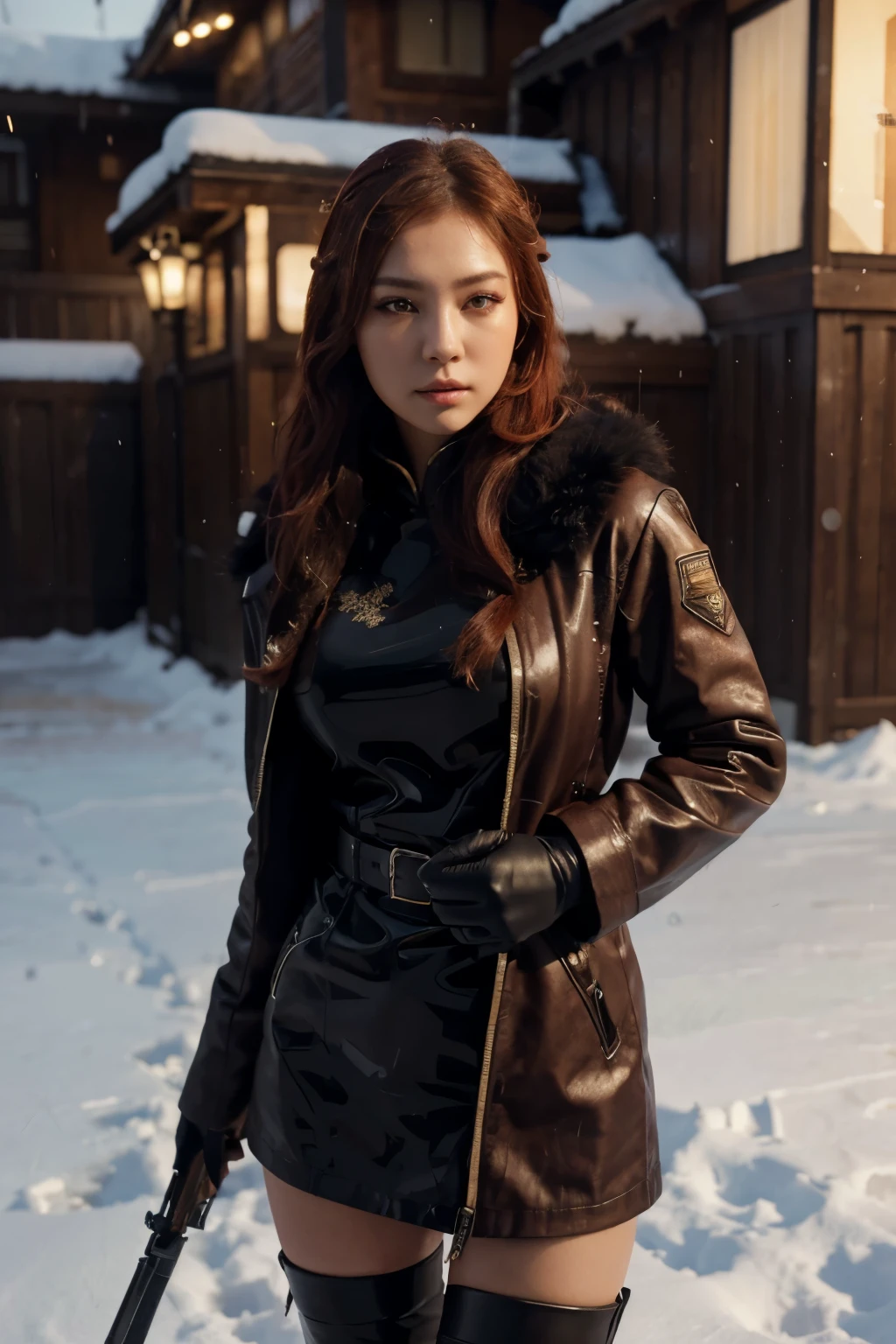 (best quality,4k,highres,realistic),Huntress girl holding a rifle in a snow battle pose, oriental style, with long red hair, wearing a leather and fur coat. The scene is set in a cold and snowy environment. The artwork should have an ink style, inspired by the game Blade and Soul. The girl's face should have beautiful detailed eyes and lips, with long eyelashes. The lighting should accentuate the details of the scene.