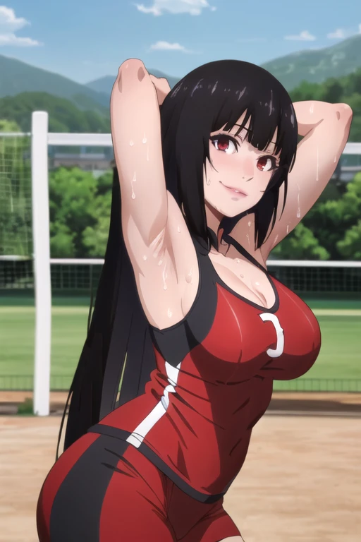 ((best quality)),((highly detailed)),masterpiece,absurdres,detailed face,beautiful face,(detailed eyes, deep eyes),1girl,((dynamic pose)), jabami yumeko, black hair, long hair, solo, red eyes, bow, large breasts, cowboy shot, chinese town, outdoors, seductive smile, looking at viewer, wearing red volleyball uniform, put your hands behind your head, armpits, armpits visible, sweaty armpits,