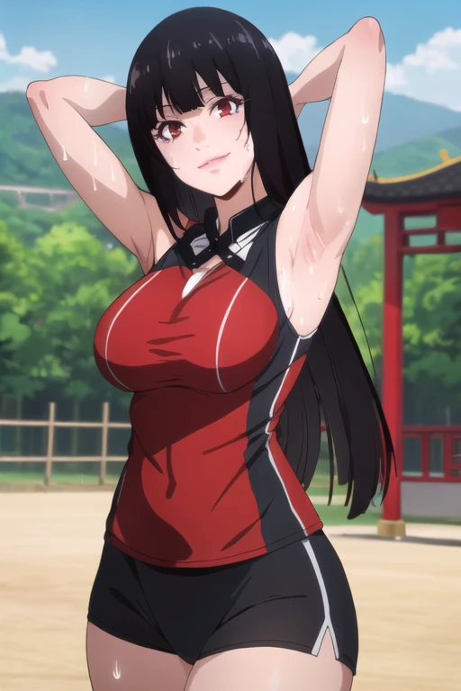 ((best quality)),((highly detailed)),masterpiece,absurdres,detailed face,beautiful face,(detailed eyes, deep eyes),1girl,((dynamic pose)), jabami yumeko, black hair, long hair, solo, red eyes, bow, large breasts, cowboy shot, chinese town, outdoors, seductive smile, looking at viewer, wearing red volleyball uniform, put your hands behind your head, armpits, armpits visible, sweaty armpits, 