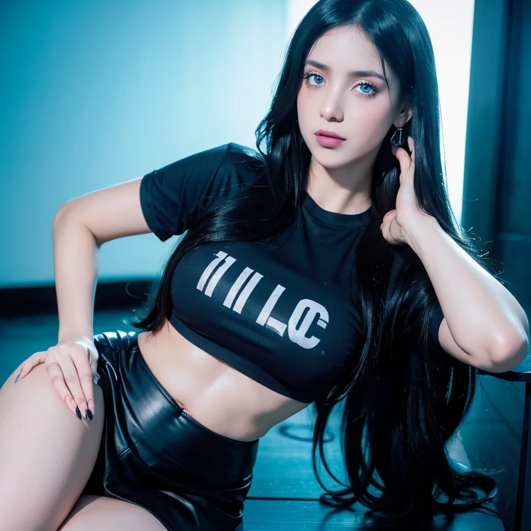 masterpiece, gothic aesthetic, dream atmosphere, ultra realistic, 16k, best quality, absurdres, perfect anatomy, 1girl, goth brunette, voluminous silky hair, cute hair fringe, goth makeup, realistic turquoise eyes (intense look). pale-white skin (highlighted), realistic shading, solo, Caera, realistic blue eyes, black t-shirt, natural breasts, large hips, thick thighs, thick legs, black mini skirt, tights (realistic textures), pretty seductive, upper body, beautiful girl, happy, inside a (neon lights) modern house, different poses at different angles, blurred background, cinematic, Photorealistic.