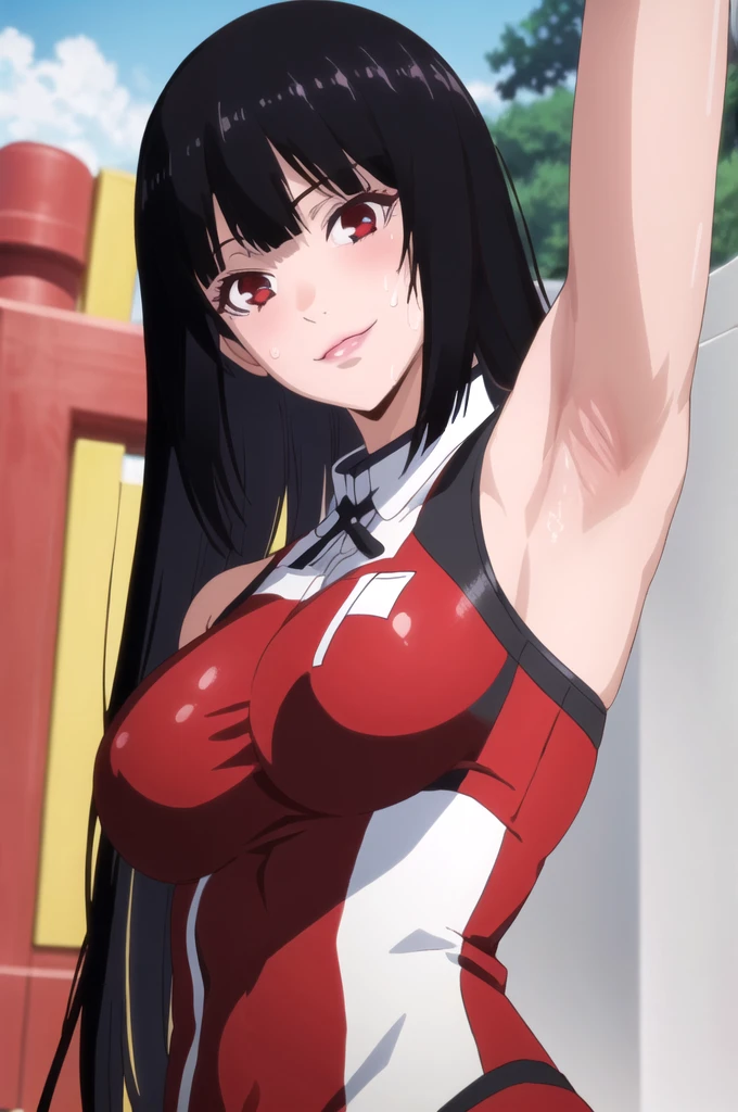 ((best quality)),((highly detailed)),masterpiece,absurdres,detailed face,beautiful face,(detailed eyes, deep eyes),1girl,((dynamic pose)), jabami yumeko, black hair, long hair, solo, red eyes, bow, large breasts, cowboy shot, chinese town, outdoors, seductive smile, looking at viewer, wearing red volleyball uniform, put your hands behind your head, armpits, armpits visible, sweaty armpits,