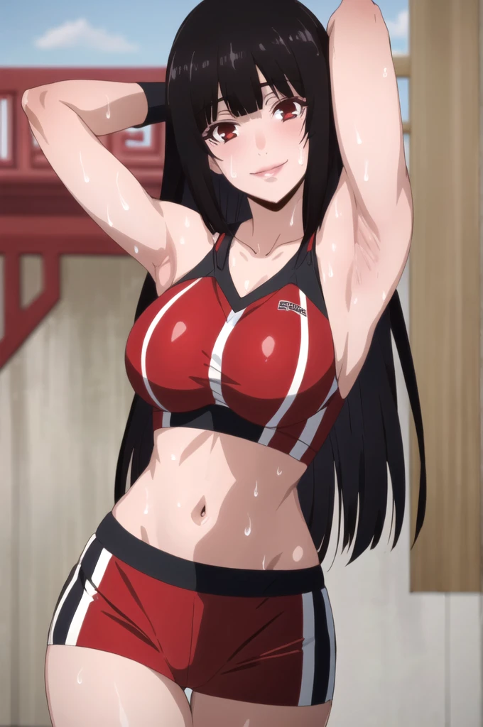 ((best quality)),((highly detailed)),masterpiece,absurdres,detailed face,beautiful face,(detailed eyes, deep eyes),1girl,((dynamic pose)), jabami yumeko, black hair, long hair, solo, red eyes, bow, large breasts, cowboy shot, chinese town, outdoors, seductive smile, looking at viewer, wearing red volleyball uniform, put your hands behind your head, armpits, armpits visible, sweaty armpits, 