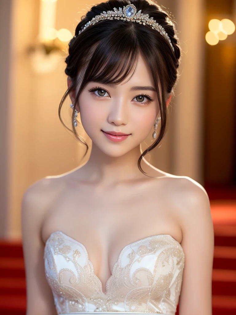 (highest quality:1.5)、(Realistic:1.5)、(1 person:1.5)、(Medium Shot:1.5)、Very detailed、High resolution、8k wallpaper、、Small breasts、Natural color lips、Cute Smile、Japanese women、20-year-old girl、Beautiful and elegant face、Perfect and beautiful face、Large, balanced eyes、Brunette's eyes、Beautiful and elegant face、Beautiful double eyelids、Natural Bangs、Beautiful thin nose、Beautiful Skin、Fair skin、Medium Bob Hair、Natural Bangs、Perfect and beautiful face、Slim face and figure、(Looking at the camera with a sweet smile)、Bright lighting、Professional Lighting、Forward lighting、Wedding dress、tiara、(マーメイドラインのWedding dressを着て)、(Sit on the red carpet)