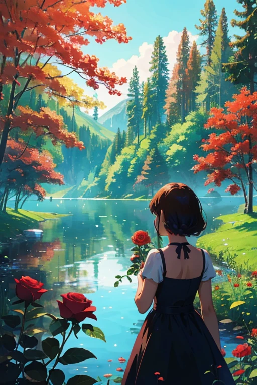 a girl is holding a red flower in her hand facing the a lake, trees, flowers. Another hand can be seen holding a rose back of the girl. This hand is that of the one taking the picture.