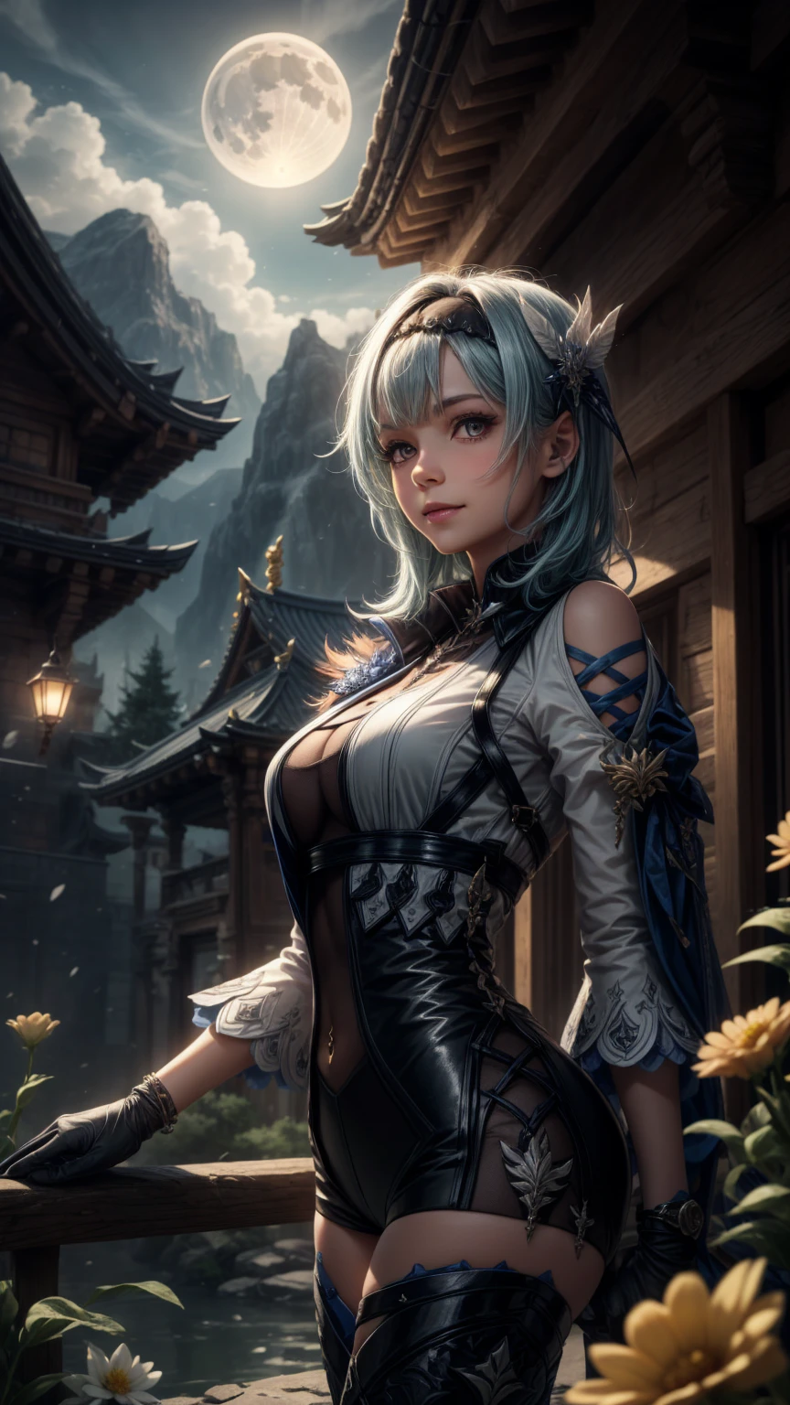 "((fantasy art)) featuring an alien girl, immersed in a heavenly symphony, clouds turn into bright splashes, flowers are scattered, like notes in the wind, visual orchestration of color and wonder" night , full moonEuladef, upper body, smile, blush, on open air, day, Simple background, blue sky, short hair, sky, Temple, I look at the viewer, ladder, mountain, moody lighting,adult woman 28 years old